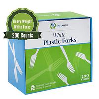 Safeware 200 White Plastic Forks, Heavy Duty, Disposable Utensil Silverware for Party, BBQ, Picnic, Family, Office, Restaurant