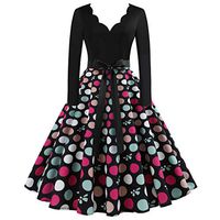 Sunhusing Ladies Flower Trim V-Neck Solid Color Long Sleeve Polka Dot Print Belt Lace Up Pleated Flare Dress(Multicolor,2XL)