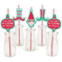 Big Dot of Happiness Elf Squad - Paper Straw Decor - Kids Elf Christmas and Birthday Party Striped Decorative Straws - Set of 24