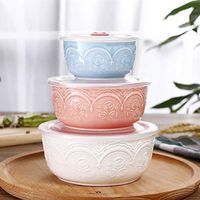 WWSHM Ceramic Bone China Storage Bowl Set (3 Pcs) with Engraving Rose Pattern for Fruit and Food Kitchen Cooking (Color : Pink)