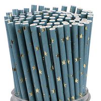 100 Paper Straws, Biodegradable fun straws, Striped Paper Straws, Bulk Set of Biodegradable Straws, Perfect For Birthdays, Weddings, Bachelorette Parties, and much more! (Blue and Gold Stars)