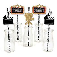 Red Carpet Hollywood - Paper Straw Decor - Movie Night Party Striped Decorative Straws - Set of 24