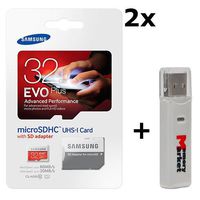 2 PACK - Samsung Evo Plus 32GB MicroSD HC Class 10 UHS-1 80mb/s Mobile Memory Card 32G MB-MC32DA with Adapter LOT OF 2 and USB 2.0 MemoryMarket dual slot MicroSD & SD Memory Card Reader