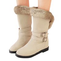 Dainzuy Women's Mid Calf Fashion Winter Snow Boots Warm Furry Faux Fur Lining Flats Suede Boots with Buckles