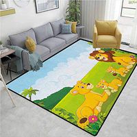 YucouHome Nursery Humorous Area Rug Kitchen, Cartoon Style Lion Family in The Forest Africa Savannah Safari Habitat, Durable Carpet Area Rug - Living Dinning Room Bedroom Rugs and Carpets(3'x 8')