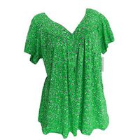 Meikosks Ladies Short Sleeves V-Neck Tops Floral Print Pullover Plus Size Summer T Shirt Green