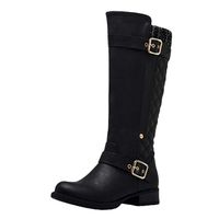 Dainzuy Women's Knee High Slouch Boots Wide Calf Low Block Heel Winter Riding Boots with Zipper Buckle Strap Black