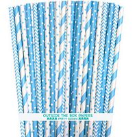 Outside the Box Papers Light Blue Stripe, Polka Dot Chevron Paper Straws 7.75 Inches 100 Pack Light Blue, White