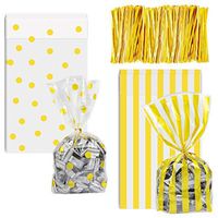 OFNMY 100pcs Cello Cellophane Bags Gold Polka Dot Cookie Bags and Striped Plastic 6 x 10 inch Candy Bags with 200 Pieces Twist Ties for Treat Candy