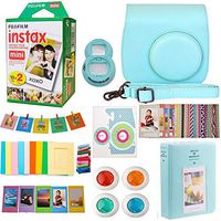 9 in 1 Fujifilm Instax Mini 9 8 Instant Camera Ice Blue Accessories Bundle - Fujifilm INSTAX Mini Instant Film Twin Pack 20 Shoots - Blue Case, Selfie Lens, Colored Filters, Frames, Stickers and More