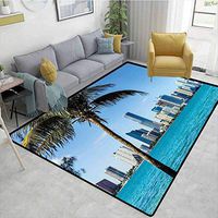 Bigdatastore Coastal Striped Door Mats Outside, Miami Downtown with Biscayne Bay Buildings and Palm Tree Panoramic Art, Fashionable High Class Living Bedroom Rugs(2.5'x 9')