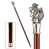 Design Toscano Heraldic Lion Walking Stick, 35 Inch, Pewter Handle and Hardwood Cane, Silver