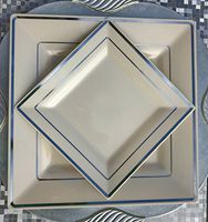 Square Ivory Disposable/Reusable Plastic Plates With Silver Rim 50 Pack-25-9.5'' Dinner + 25-6.5" Dessert/Salad for Wedding Anniversary Christening all Events and Parties (50, Off-white Ivory)