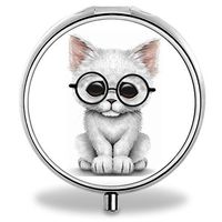 Cat Pill Case, Round Stainless Drug Organizer Container Medicine Cover for Pocket Daily&Weekly