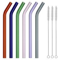 GINOVO 200mm 10mm Reusable Bent Glass Drinking Straws, Set of 6 with 3 Cleaning Brushes, Multi Color - Green, Orange, Purple, Pink, Grey, Blue
