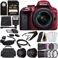Nikon D3300 DSLR Camera 18-55mm AF-P DX Lens (Red) + Sony 32GB UHS-I SDHC Memory Card (Class 10) + Remote + Flash + Cleaning Cloth Bundle