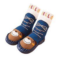1 Pair Cute Cartoon Cotton Baby Toddler Boys Girls Long Floor Socks Shoes Boots Slippers with Anti-Slip Bottom Size L Dark Blue Bear