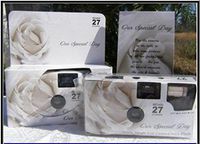 5 Pack Soft White Rose Wedding Disposable 35mm Cameras In Matching Gift Boxes- 27 Exposures Each- With Matching Table Tents