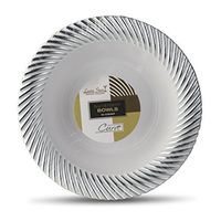 [40 Count - 5 Oz Bowls] Laura Stein Designer Tableware Premium Heavyweight Plastic White Dessert Bowl With Silver Designed Border, Party & Wedding Plate Curve Series Disposable Dishes