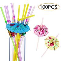 100 Pcs Disposable Drinking Straws with Umbrella Parasol for Hawaiian Beach Cocktail Tropical Party Decorations Supplies