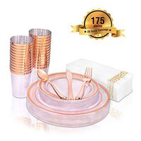 Rose Gold Disposable Dinnerware set - 25 Guest, 175 Pack Of Heavy-Duty Plastic Party - 25 Dinner Plates 10.25", 25 Dessert Plates 7.5", 25 Cups, 25 Napkins, 25 Forks, 25 Spoons, 25 Knives, by Fete