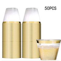 9oz 50Pack Plastic Cups, Hard Transparent Plastic Disposable Cups, 250ml Reusable, for Birthday Party/Outdoor Wedding/Family Dinner or any Special Event (Gold)