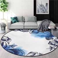 Ocean Modern Machine Washable Round Bath Mat,Sealife Sea Shells and Sand Stones Deep Water Star Fish Blue Toned Design Non-Slip Living Room Soft Floor Mat,Diameter-39 Inch