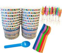 Ice Cream Sundae Kit - 12 Ounce Patterned Paper Treat Cups - Eco Friendly Plastic Spoons - Umbrella Picks - 16 of Each - Yellow, Green, Blue, White, Red