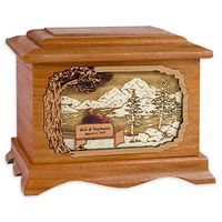 Soulmates Together Always Wood Funeral Urn with Two Companions - Wood Art Inlay Cremation Urn with Couple Together Again on Bench (Ambassador Standard Size for One Person, Mahogany Custom)
