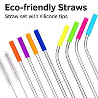 Stainless Steel Straw Set with Silicone Tips 8 straw 2 cleaning brush - Drinking Straws Set for Tumblers - Reusable Metal Straws Cups Mug - Extra Long 10.5 - Reusable Steel Straws 4 straight 4 bended