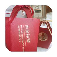 Sweet-Cupid Wedding Candy Box with Ribbons and Plastic Pearl Gift Boxes with Handles Wedding Event Party Gift Bags for Packing Favor Boxes,Red Letter,100Pcs,7 X 7 X 12 cm