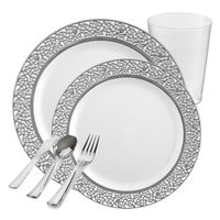 Posh Party Supplies | Clear with Silver Lace Disposable Plastic Tableware Package for 20 Guests | Dinner & Dessert Plates, Plastic Tumblers & Plastic Silver Cutlery | 120 Piece Total