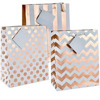 12 Gift Boutique Medium Metallic Rose Gold Gift Bags; Polka Dots, Stripes and Chevron Exquisite Designs; Birthday, Graduation, Baby Shower, Wedding Gift Bags