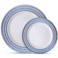 Laura Stein Designer Dinnerware Set of 32 Premium Plasic Wedding/Party Plates: White, Blue Rim, Silver Accents. Set Includes 16 10.75" Dinner Plates & 16 7.5” Salad Plates | Midnight Blue