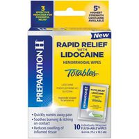 H Medicated Hemorrhoidal Rapid Relief, 10 Flushable Wipes (Pack of 2)
