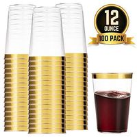 100 Gold Plastic Cups 12 Oz Clear Plastic Cups Tumblers Gold Rimmed Cups Fancy Disposable Wedding Cups Elegant Party Cups with Gold Rim