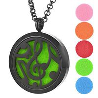 Garden Charms Aromatherapy Essential Oil Diffuser Necklace Perfume Stainless Steel Magnetic Round Locket Pendant Jewelry for Women 5 Felt Pads-Black (Musical)