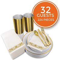 224 PCS Gold Disposable Dinnerware Set for 32 Guest. Gold Rimmed Plastic Dinner Plates with Gold Rimmed Cups Silverware and Napkins. Ideal for Parties, Weddings, Baby Showers, Thanksgivings.