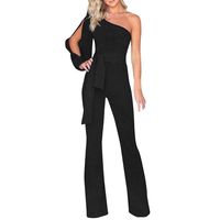 Corriee Jumpsuit for Women Elegant Long Sleeve Off The Shoulder High Waisted Wide Leg Romper with Belt (Medium, W-Black)