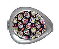 DANIEL MOXLEYB Pill Box Case Decorative Boxes Silver Pill Box Holder Organizer Container Compact 3 Compartment Medicine Case, Oval Pill Box for Pocket or Purse (Day Oof The Dead Sugar Skull)