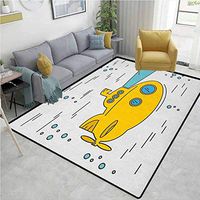 Yellow Submarine Moroccan Area Rug for Girls Room, Ocean Nautical Adventure Underwater Bubbles Porthole Cartoon Kids, Fashionable High Class Living Dinning Room(2'x 3') White Yellow Blue