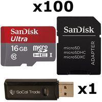 100 PACK - SanDisk 16GB MicroSD HC Ultra Class 10 UHS-1 TF MicroSDHC TransFlash High Speed Memory Card SDSDQUAN-016G 16G 16 GB GIGS (M.B16U.RTx100.550) LOT OF 100 with USB SoCal Trade SCT Dual Slot MicroSD & SD Memory Card Reader - Retail Packaging
