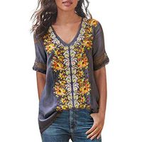 Meikosks Womens Short Sleeve V Neck T Shirt Retro Print Blouses Lace Splice Tops Gray