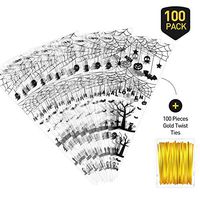 Pack of 100 - Halloween Candy Bags Spider Pattern Cone Cellophane Bags with 100 Pieces Gold Twist Ties for Kids Halloween Party Favor