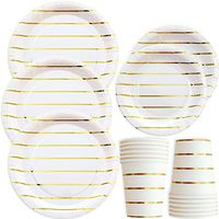 Gold Striped Disposable Paper Plates and Cups Set for 50 Guests; Gold Metallic Foil 50 Dinner Plates, 50 Dessert Plates, and 50 9 oz Cups Party Plates for Christmas Holiday Bridal Baby Shower Wedding