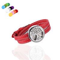 constantlife Tree of Life Stainless Steel Fragrance Jewelry Adjustable Genuine Leather Band Bracelet Essential Oil Diffuser with 12 Pads (Red)