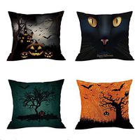 Indexshop Set of 4 Halloween Pillow Covers, Happy Halloween Bat Pumpkin Pillow Covers Cotton Linen Sofa Home Decor Throw Pillow Case Cushion Covers 18 X 18 Inch (B)