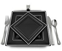 Square Black Disposable/Reusable Plastic Plates With Silver Rim 20 Pack-10 (9.5 Inch) Dinner + 10 (6.5 Inch) Dessert/Salad for Wedding Anniversary Christening all Events and Parties