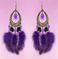 1 pair purple Feather bronze ornament tear drop bead charm hook earrings new Accessory Good Accessories Design Womens Bright Novelty Girls Prom Pretty