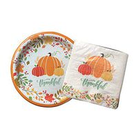 Fall Holiday Paper Plates and Napkins,"Thankful" with Pumpkins, Fall Leaves, 18 Plates + 18 Napkins, Use for Thanksgiving or All Year Long